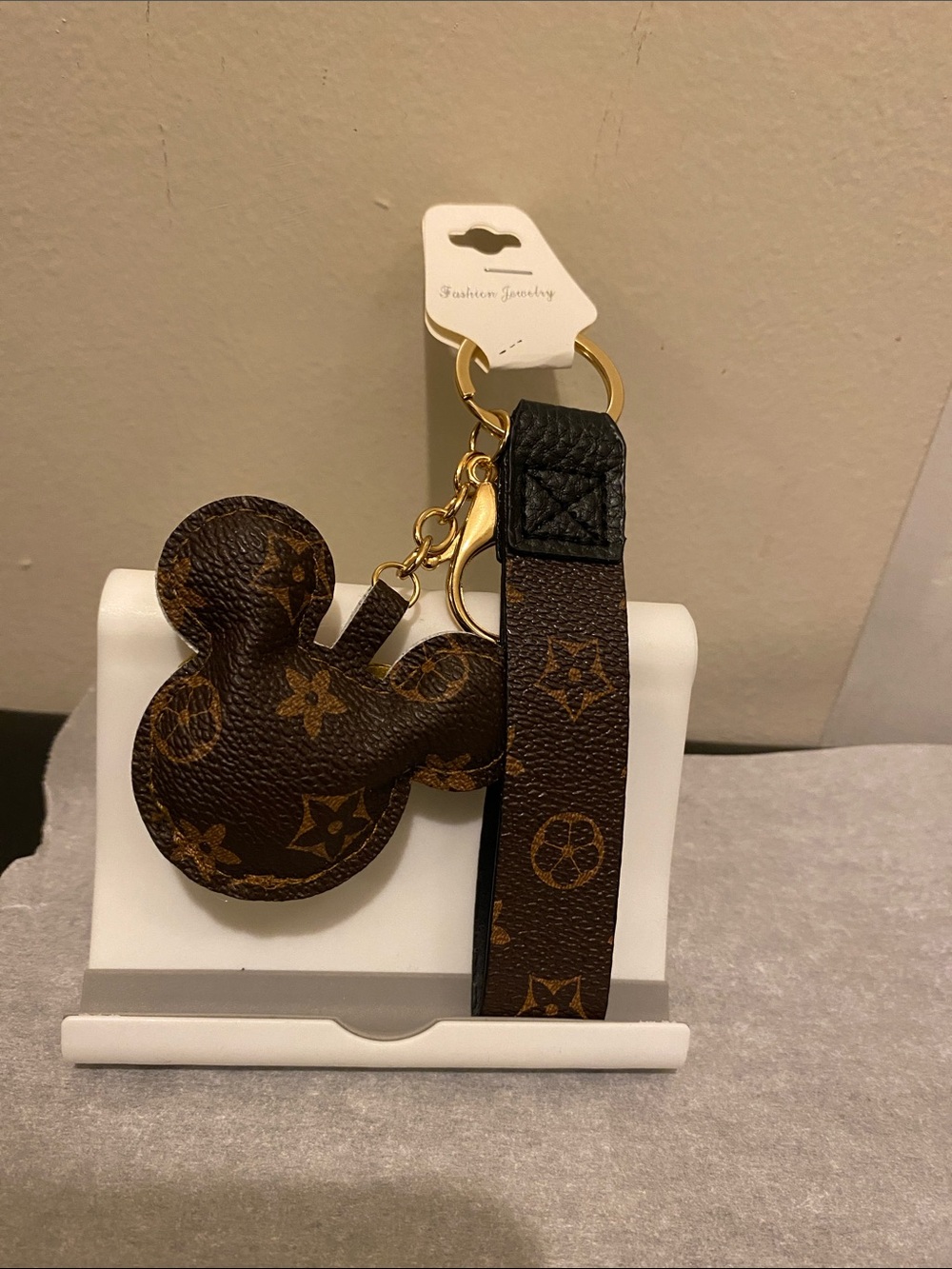 B) Brown Monogram Mickey Keychain Wristlet - Picture 2 of 3